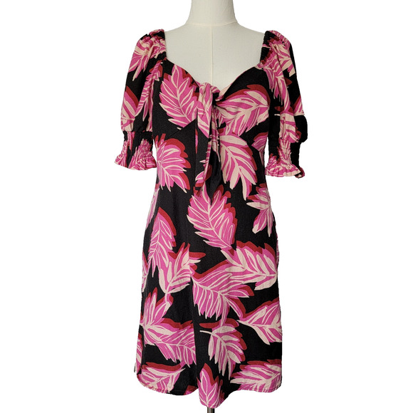 Who What Wear Linen Blend Milkmaid Coquette Dress Womens S Pink Leaves Vacation - Picture 1 of 11